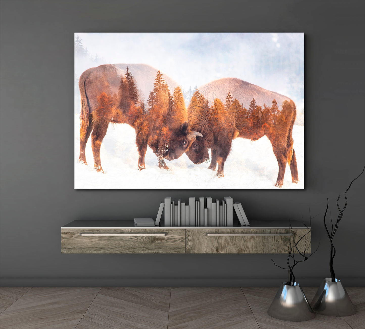 Double Exposure Two Wild Bison Fighting And Pine Trees Wild Life Framed Art Artesty   