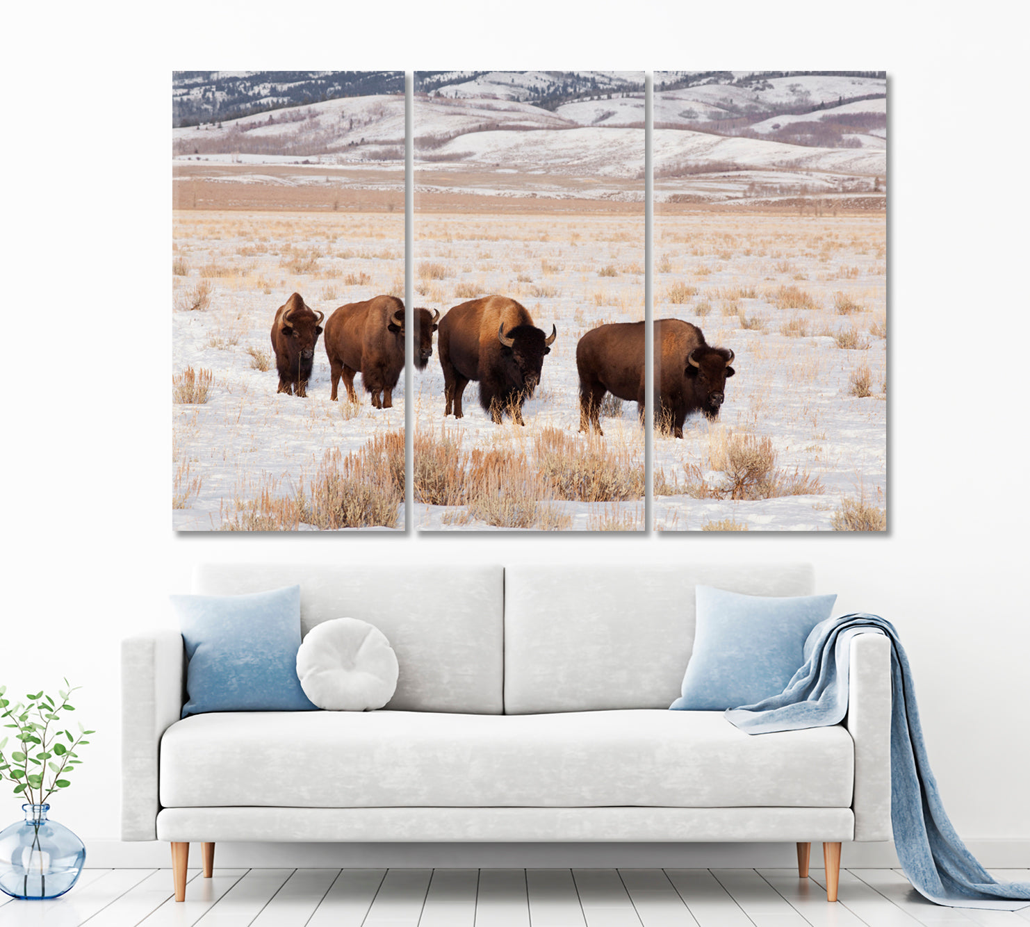 Field With Four American Bison Animals Canvas Print Artesty 3 panels 36" x 24" 