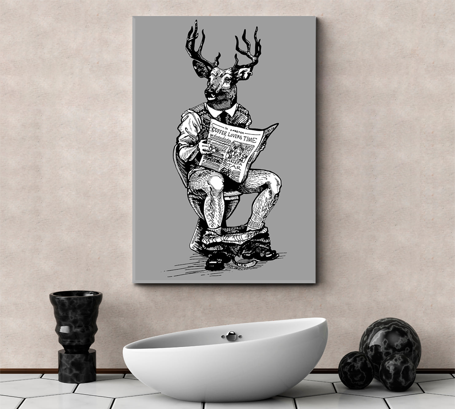 HIPSTER Deer Man Sitting On Toilet Black and White Wall Art Print Artesty 1 Panel 16"x24" 