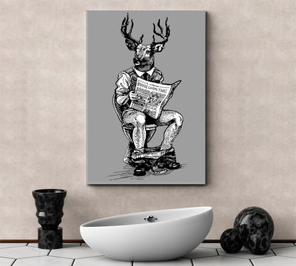 HIPSTER Deer Man Sitting On Toilet Black and White Wall Art Print Artesty 1 Panel 16"x24" 