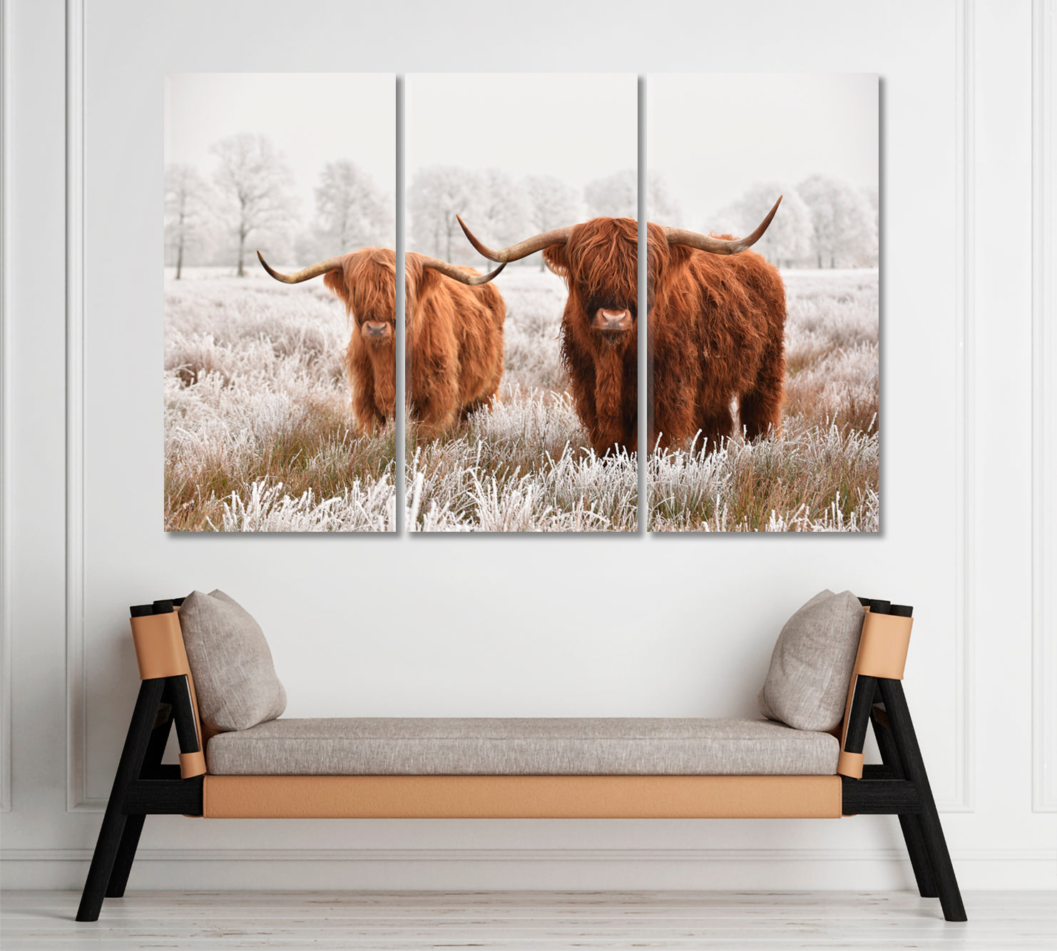 Hairy Scottish Highland Cow Winter Landscape Animals Canvas Print Artesty 3 panels 36" x 24" 