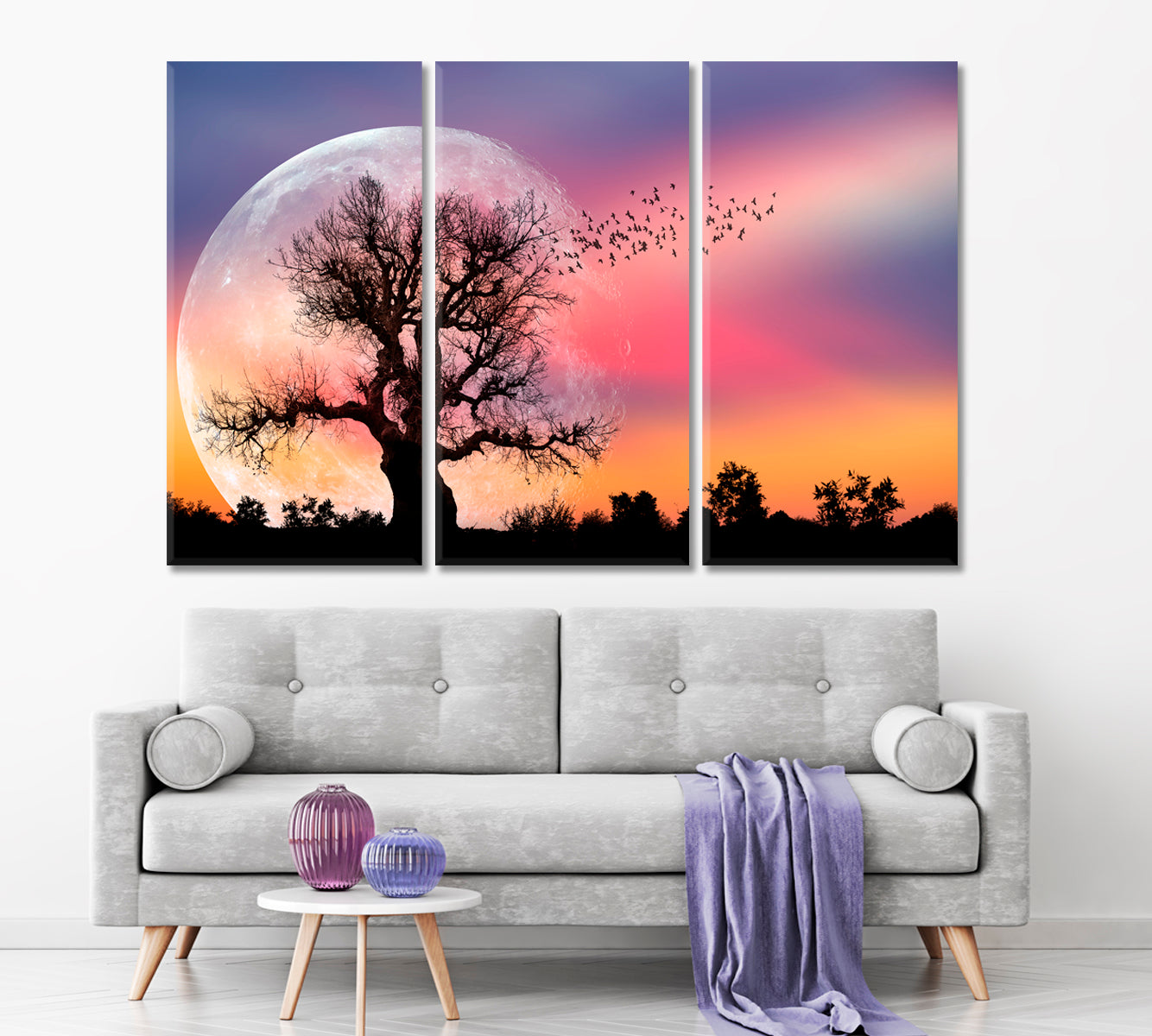 Lone Tree Full Moon Fantasy Landscape Scenery Landscape Fine Art Print Artesty 3 panels 36" x 24" 