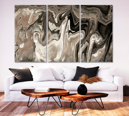 POURING CHOCOLATE Brown Beige Creamy Fluid Art, Oriental Marbling Canvas Print Artesty 3 panels 36" x 24" 