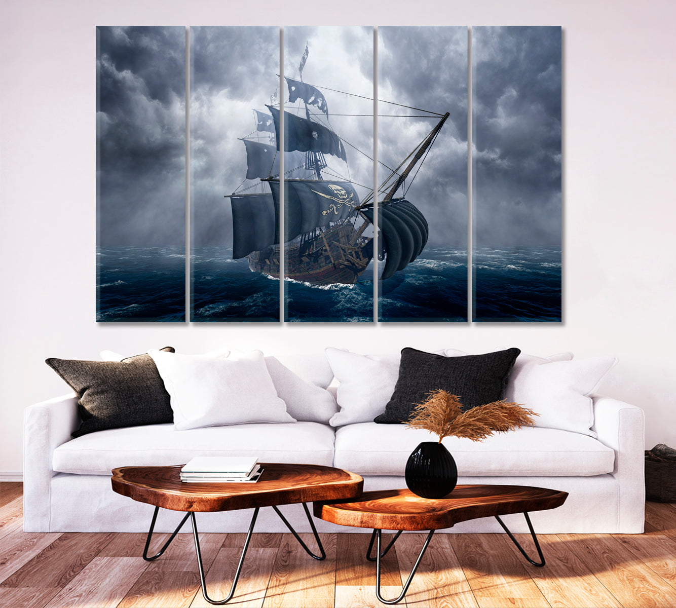 Pirate Ship on Stormy Sea Kids Room Canvas Art Print Artesty 5 panels 36" x 24" 