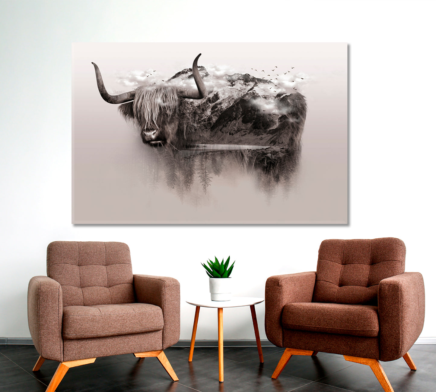 Bull Yak Wildlife Art Double Exposure Trees Mountain Surrounded By Fog Wild Life Framed Art Artesty   