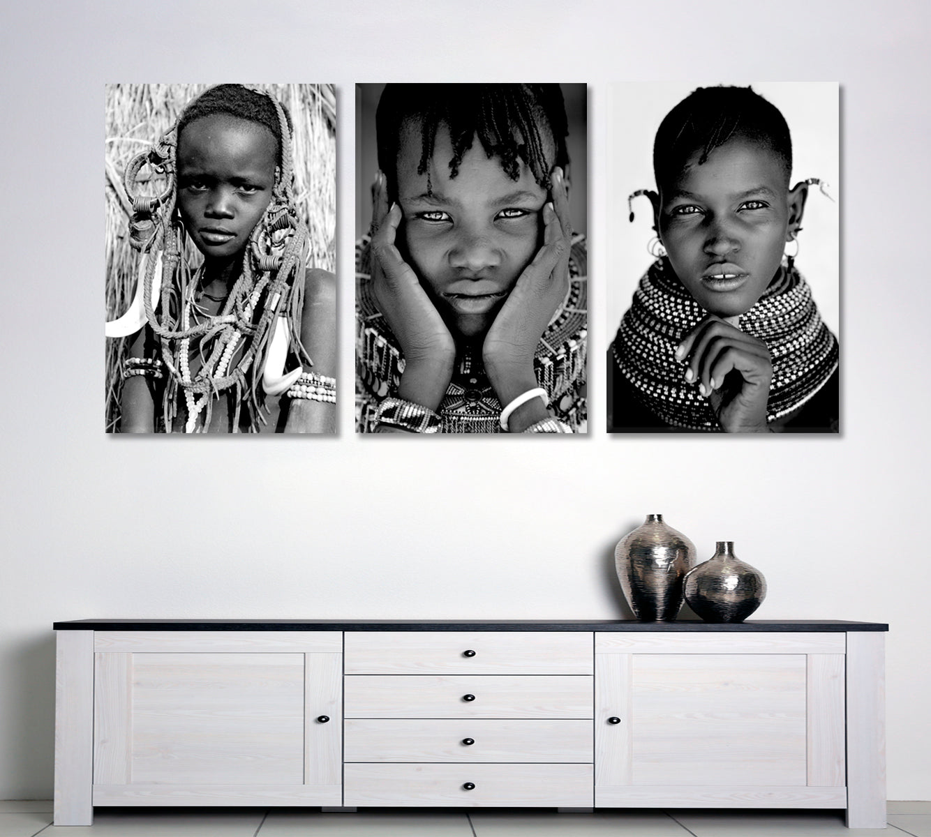 SET OF 3 Beautiful African Girls Traditional Headdress Necklace People Portrait Wall Hangings Artesty   