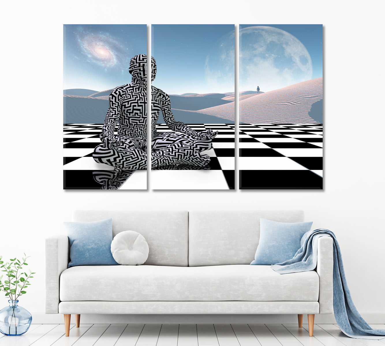 Meditation On a Chessboard Surrealism Surreal Fantasy Large Art Print Décor Artesty 3 panels 36" x 24" 