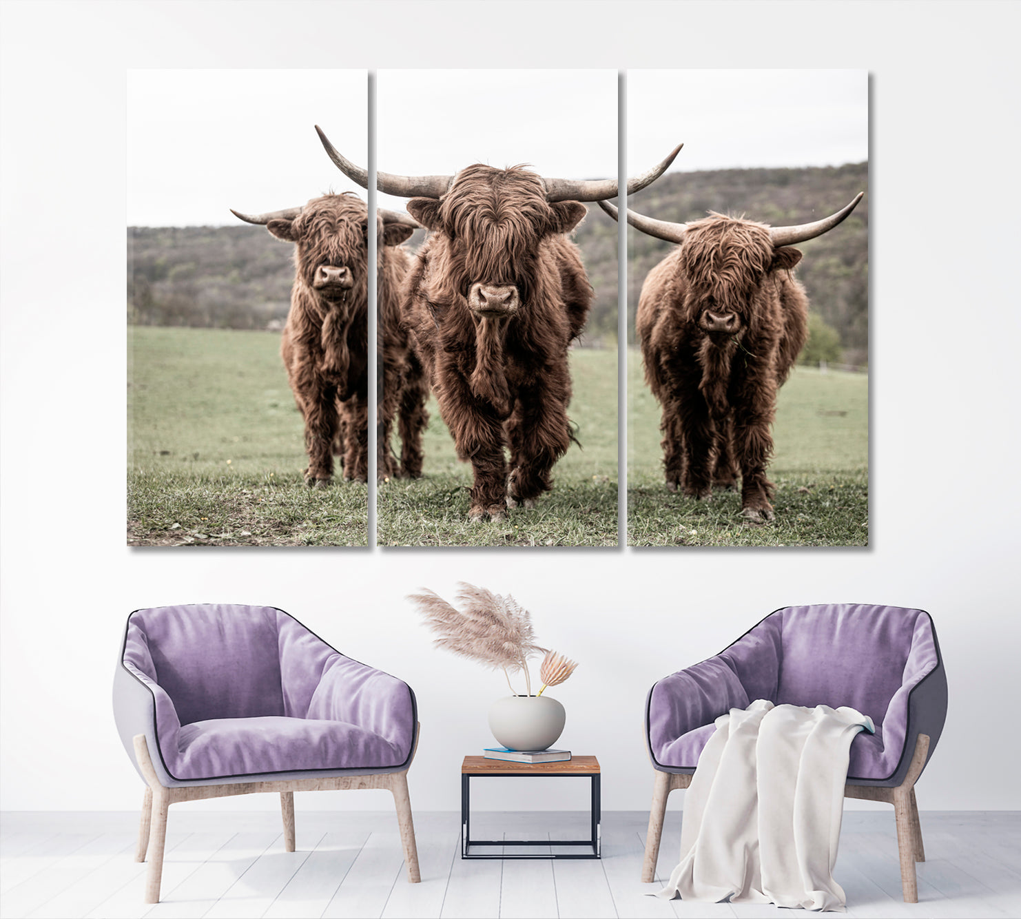 Three Scottish Highlander On A Meadow Animals Canvas Print Artesty 3 panels 36" x 24" 