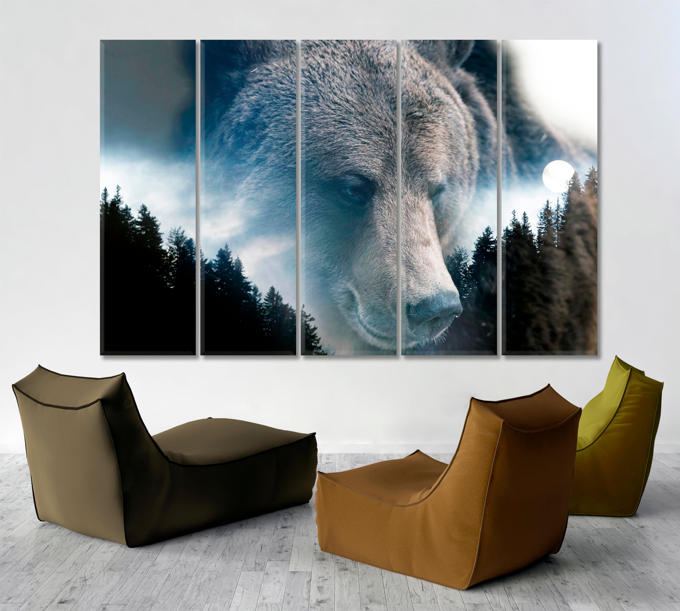 Wild Bear And A Pine Forest Double Exposure Photo Art Artesty 5 panels 36" x 24" 
