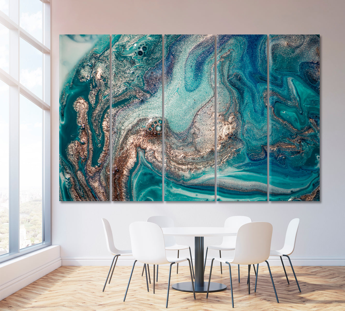 Marble Blue Lagoon Fluid Art, Oriental Marbling Canvas Print Artesty 5 panels 36" x 24" 