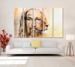 Eye Contact Jesus Christ And Lion Double Face Religious Modern Art Artesty 5 panels 36" x 24" 