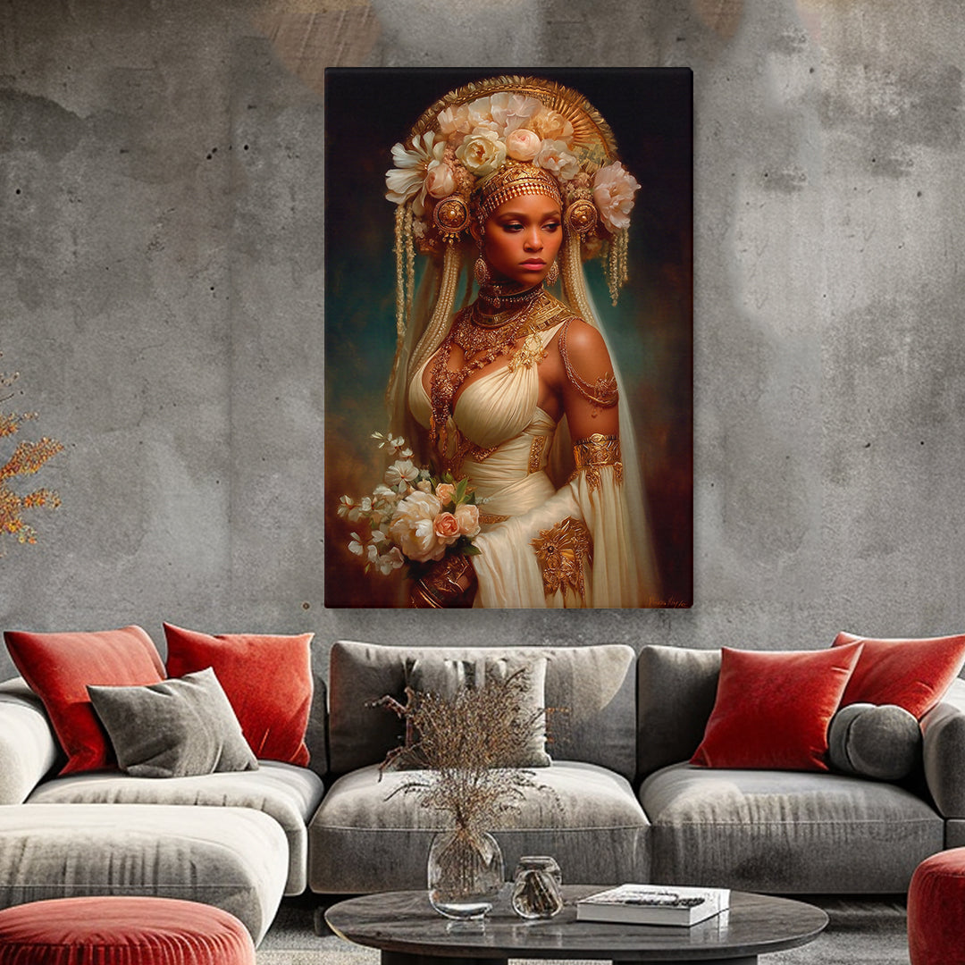 Portrait of African queen in ornate floral headpiece