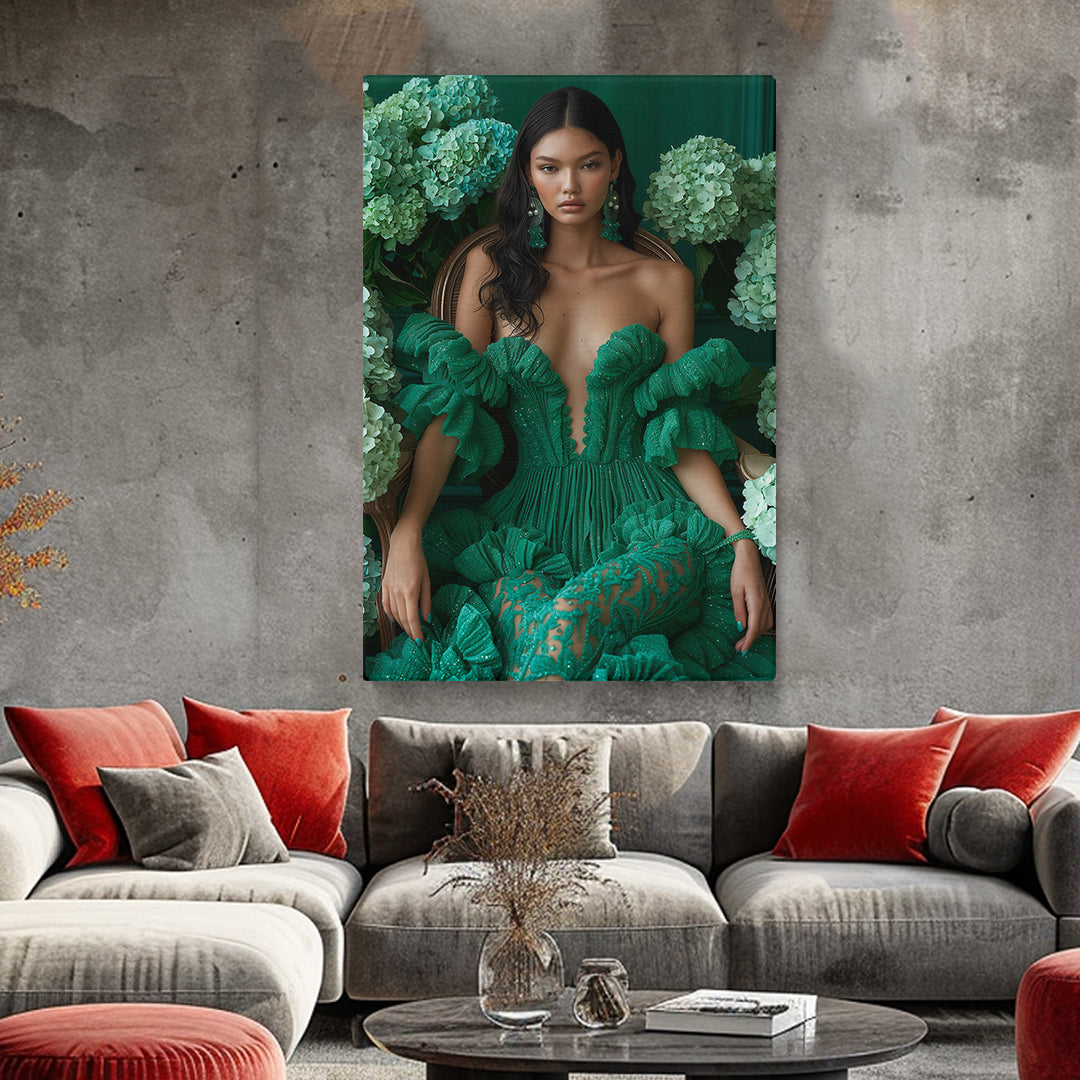 Floral Portrait Beautiful Woman in Green Dress Canvas Prints Artesty