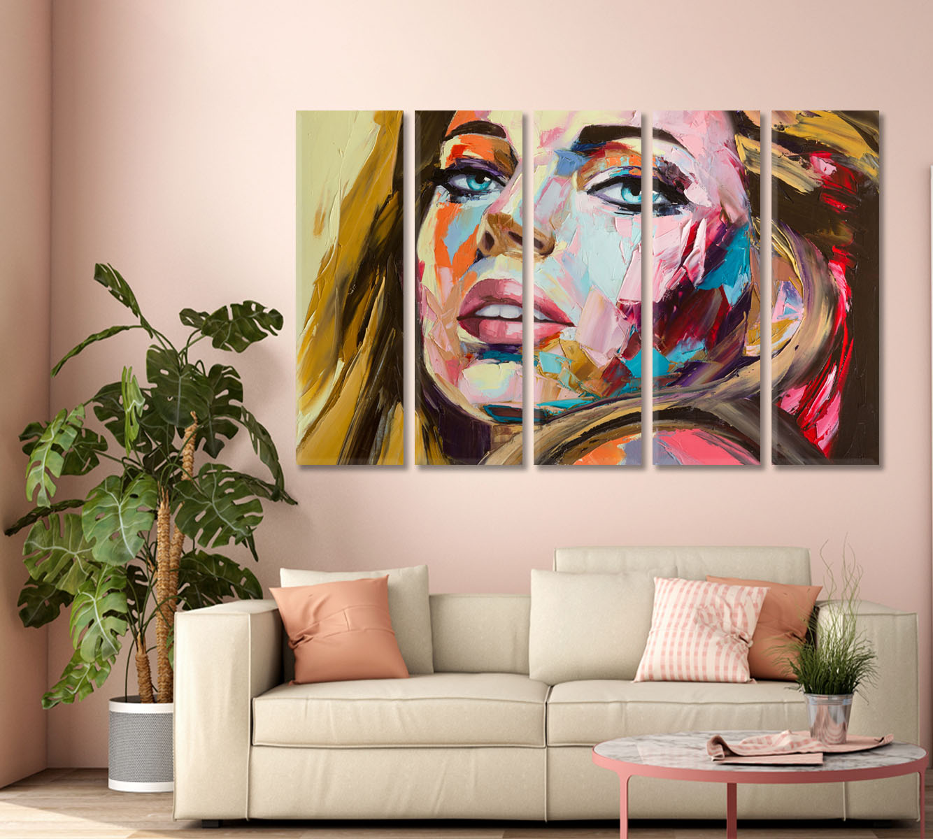 Colorful Emotions Fantasy Woman Portrait Expressionism Contemporary Art Artesty 5 panels 36" x 24" 