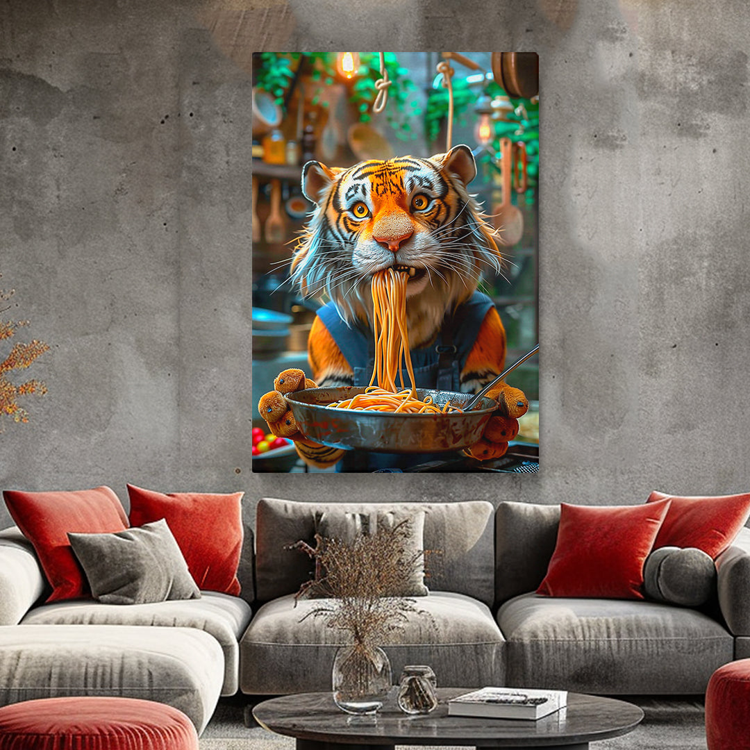 Funny Tiger Chef Eating Spaghetti Canvas Prints Artesty