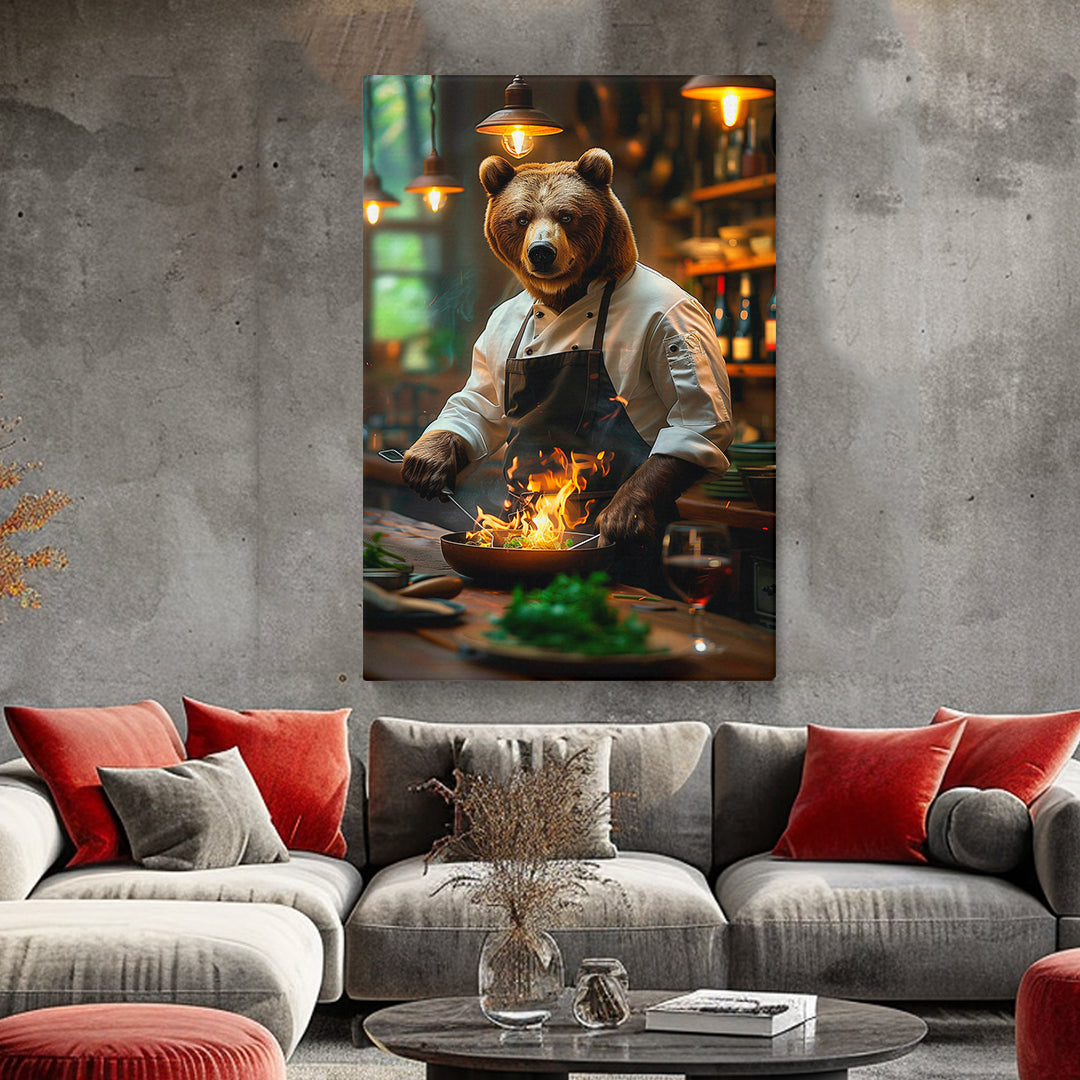 Bear Chef Cooking Over Flames Canvas Prints Artesty
