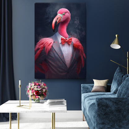 Elegant Flamingo in Gray Suit Canvas Prints Artesty