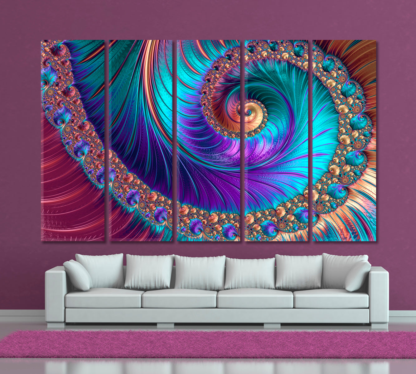 Fractal Purple Pattern Modern Vivid Abstract Spiral Swirls Contemporary Art Artesty 5 panels 36" x 24" 