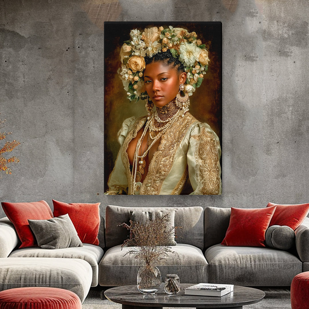 Vintage African Portrait in Pearls and Flowers