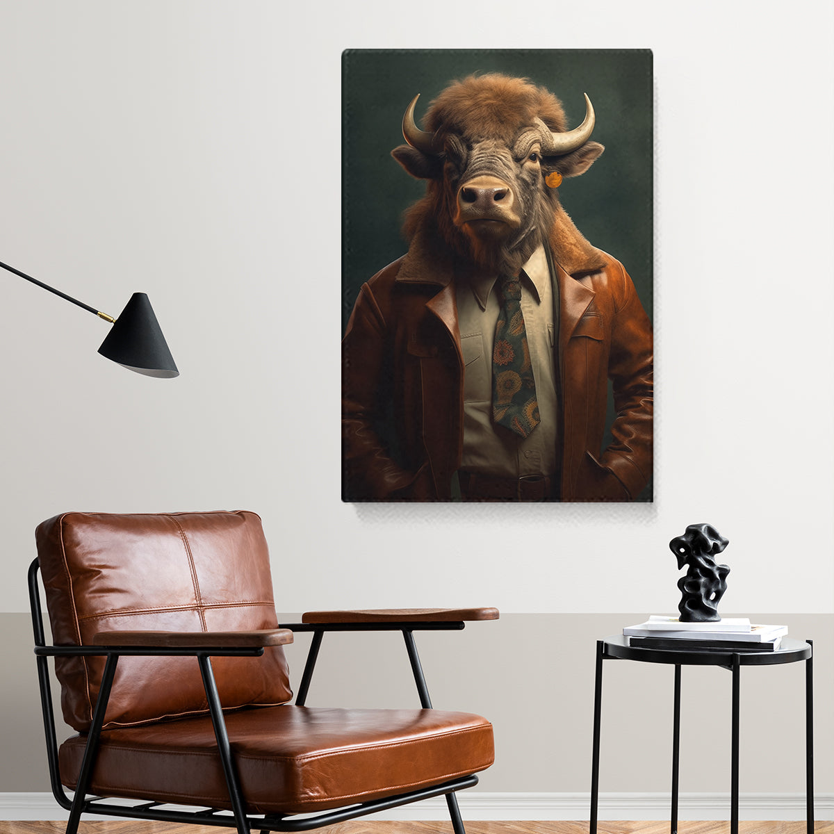 Cool Bull in Brown Leather Jacket Canvas Prints Artesty
