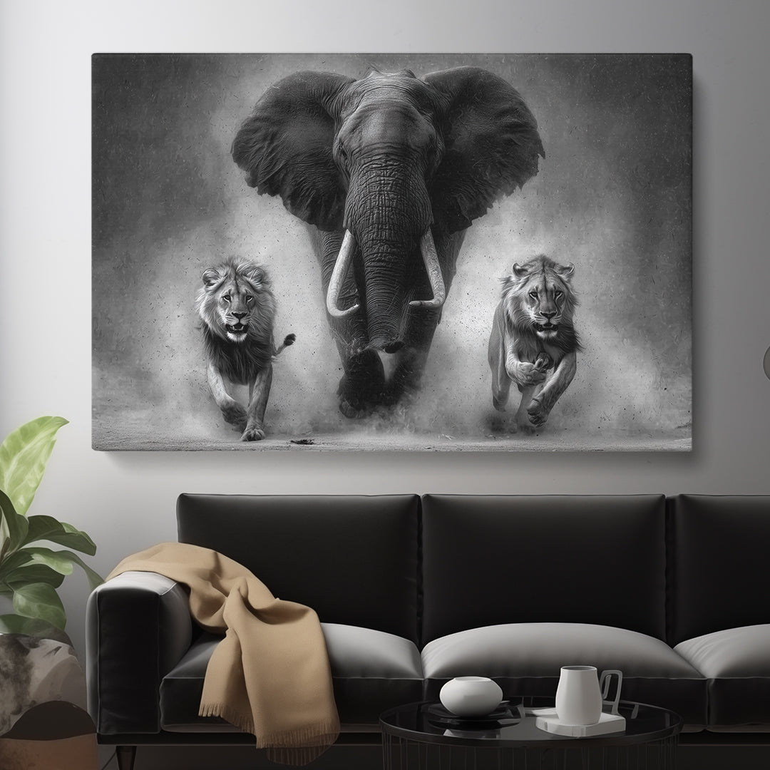 Black and White Elephant and Lions Animals Canvas Print Artesty