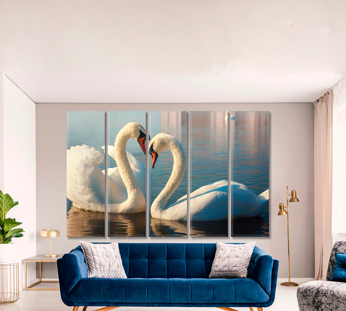Heart Of Two White Swans Animals Canvas Print Artesty 5 panels 36" x 24" 