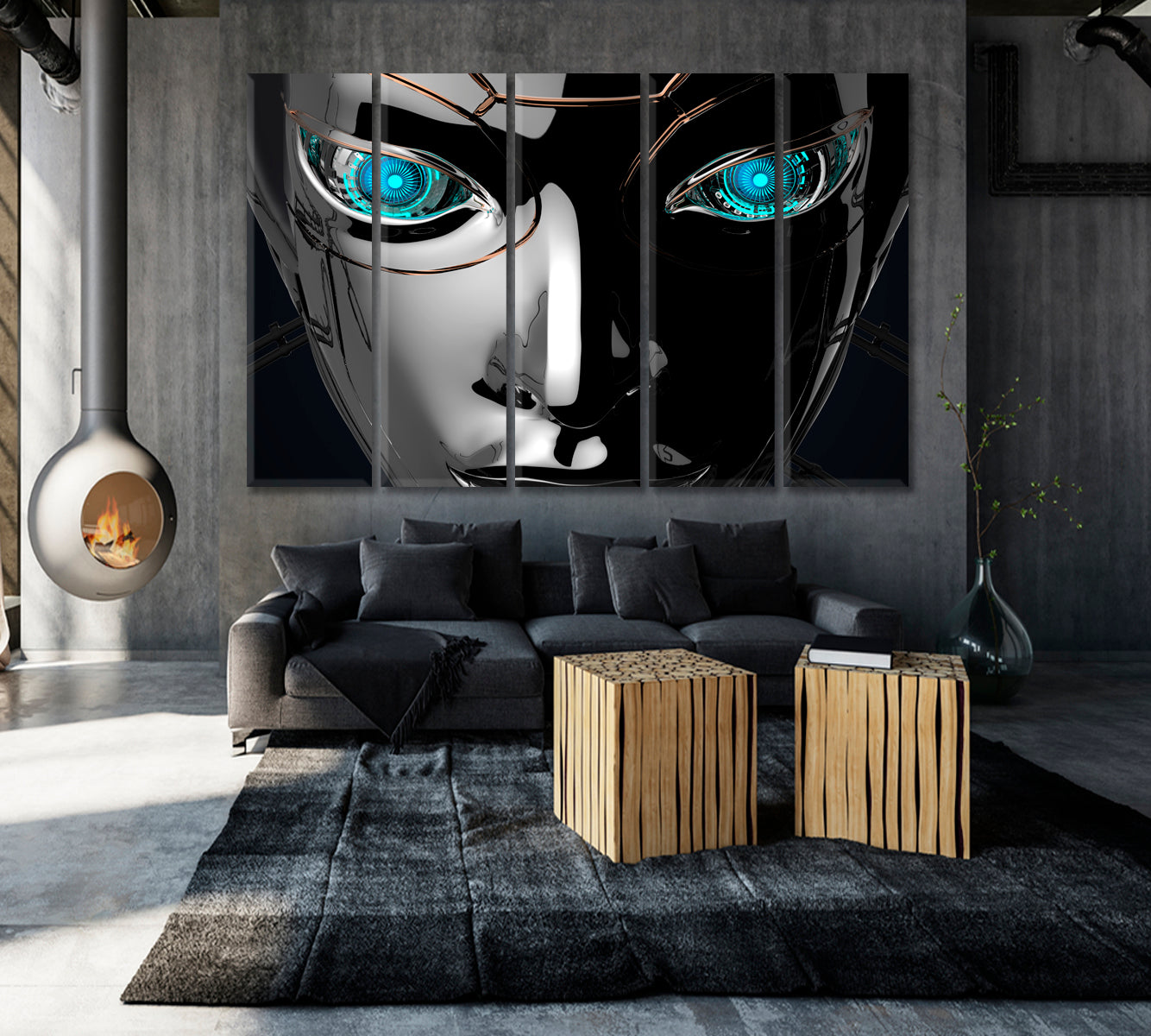 CYBER WORLD Female Bot Face Robot Futuristic Cyber Technology Poster Business Concept Wall Art Artesty 5 panels 36" x 24" 