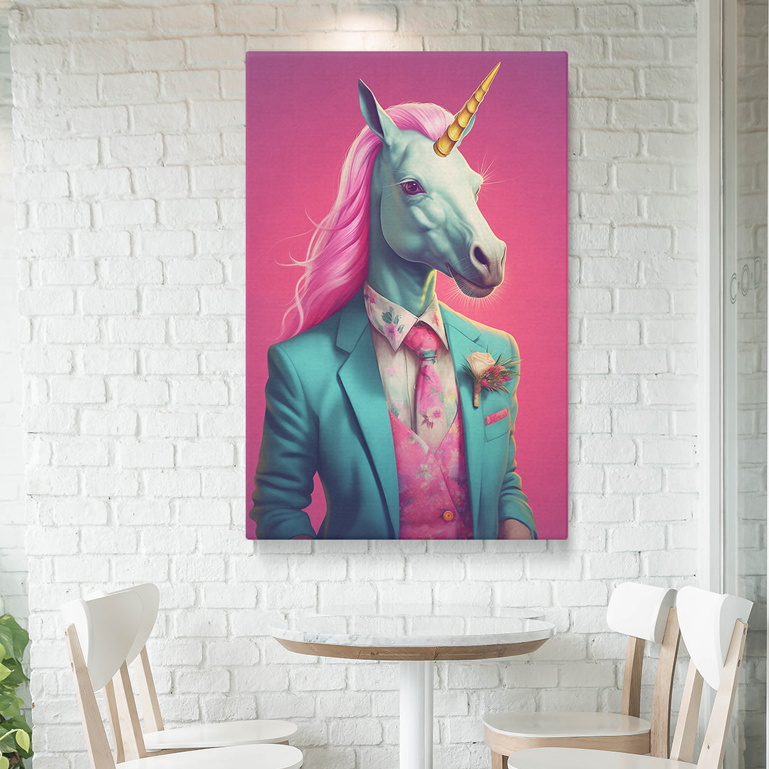 Unicorn in Teal Suit and Pink Tie Canvas Prints Artesty