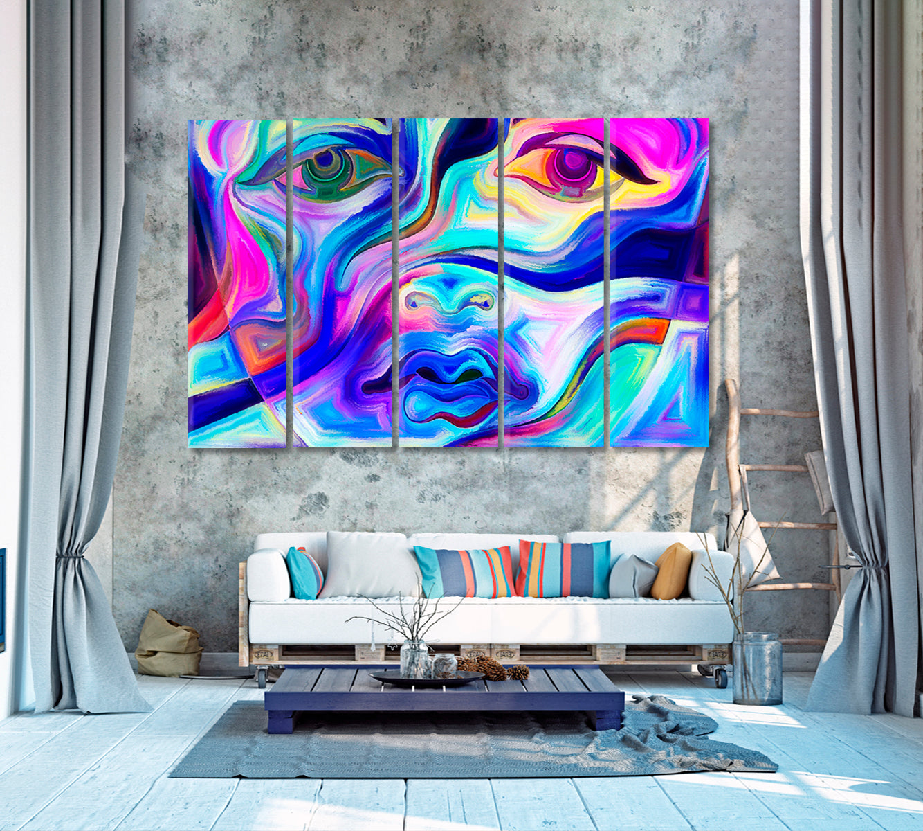 Vivid Frame of Mind Abstract Face Contemporary Art Artesty 5 panels 36" x 24" 