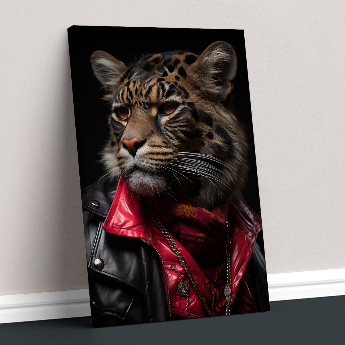Leopard in Red Scarf and Leather Jacket Canvas Prints Artesty 1 Panel 16"x24"