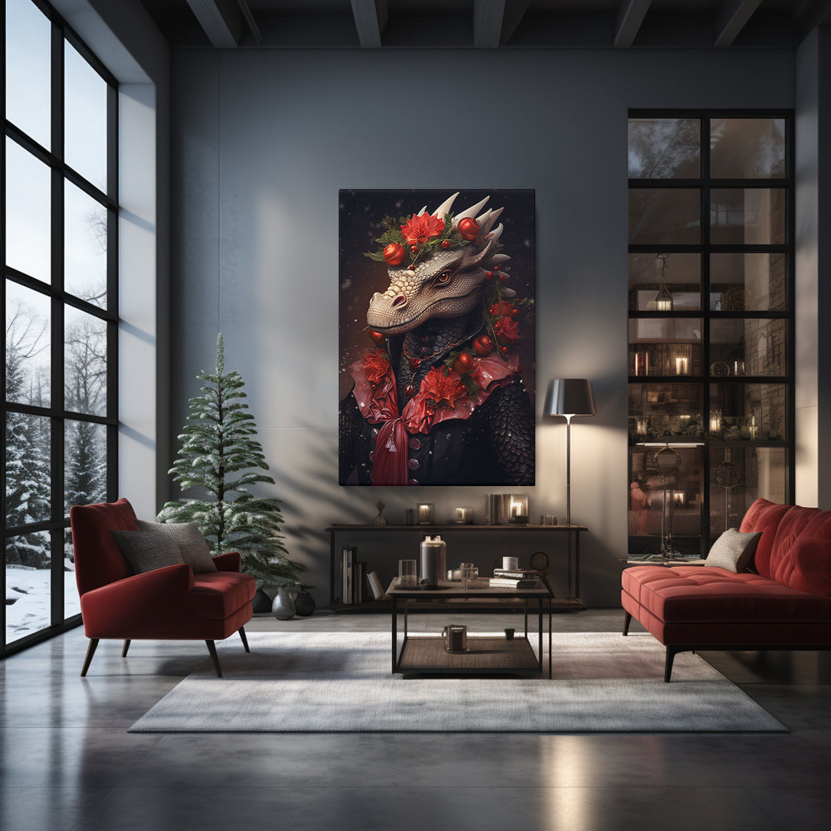 Festive Dragon Portrait, Holiday Fantasy Decor, Mythical Beast Ideal Gift for Fantasy Lovers Abstract Art Print Artesty 1 Panel 16"x24" 