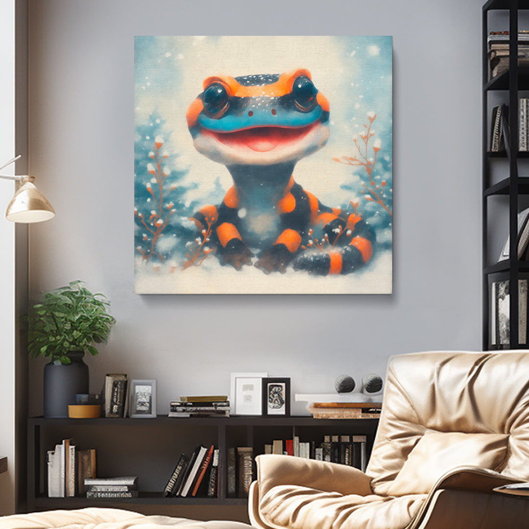 Smiling Salamander in Snow Contemporary Art Artesty 1 Panel 12"x12"