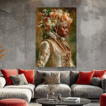 Side-profile canvas of African queen in elegant attire