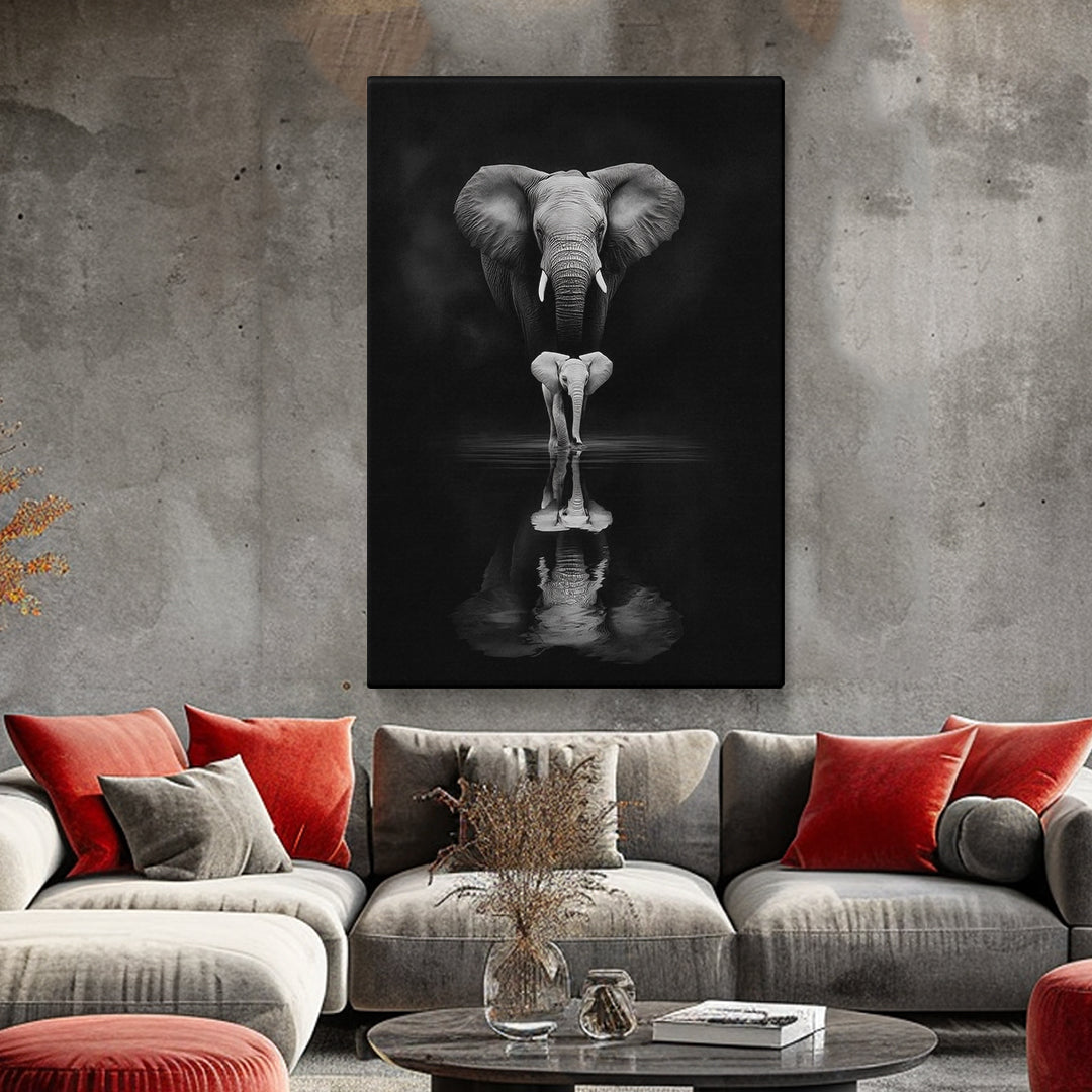 Elephant and Calf Black and White Reflection Canvas Prints Artesty 1 Panel 16"x24"