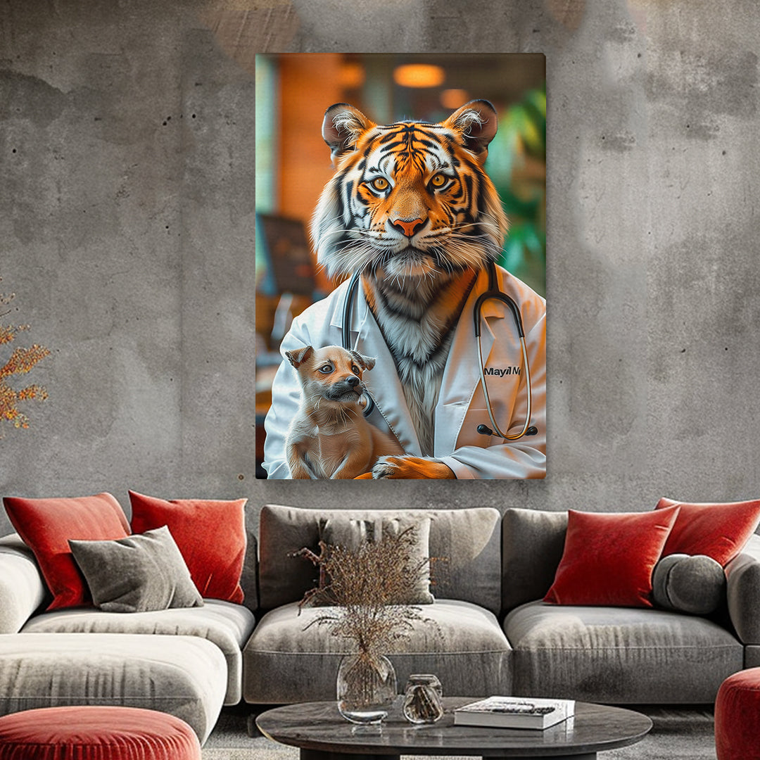 Tiger Veterinarian with Puppy Canvas Prints Artesty