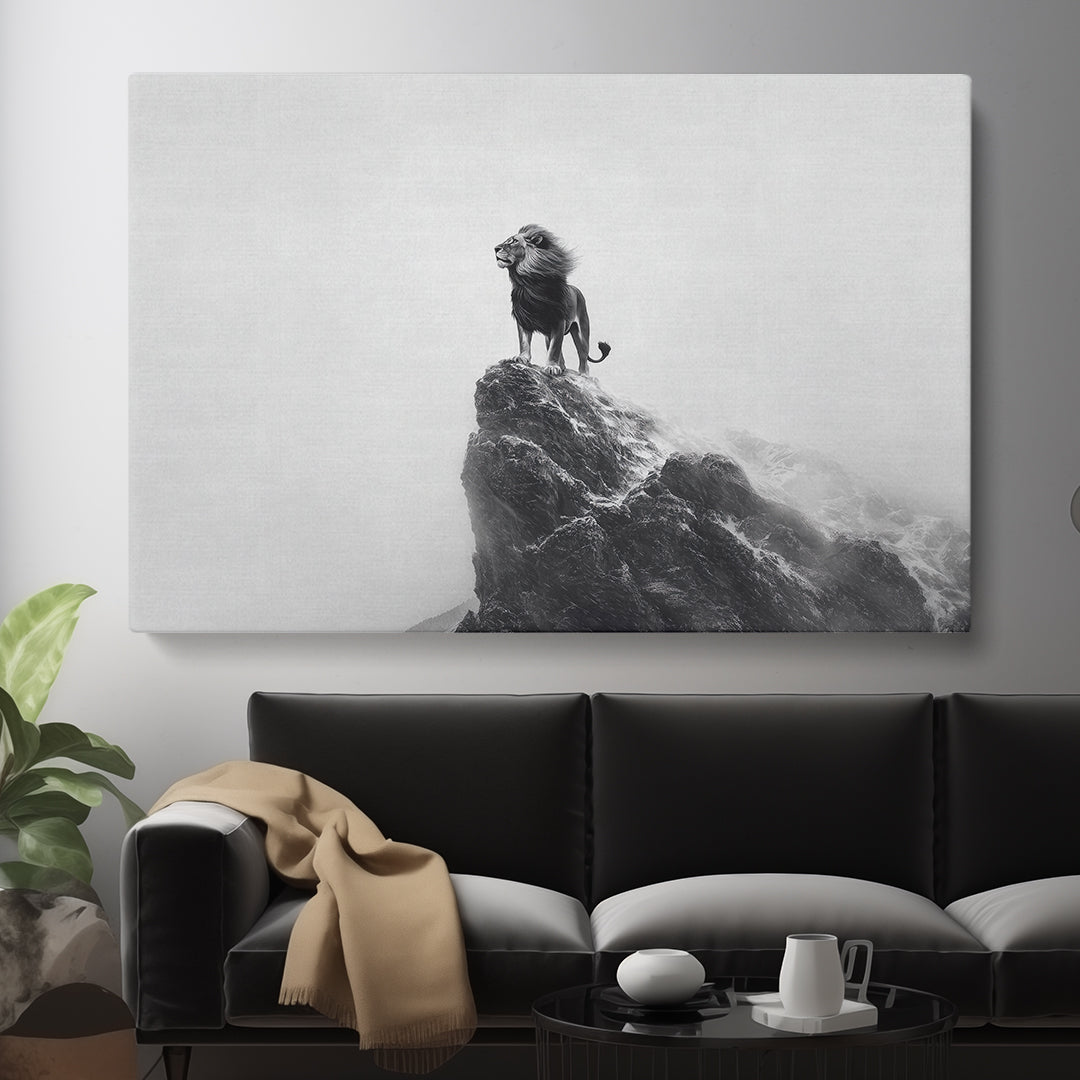 Black and White Lion on Cliff Animals Canvas Print Artesty