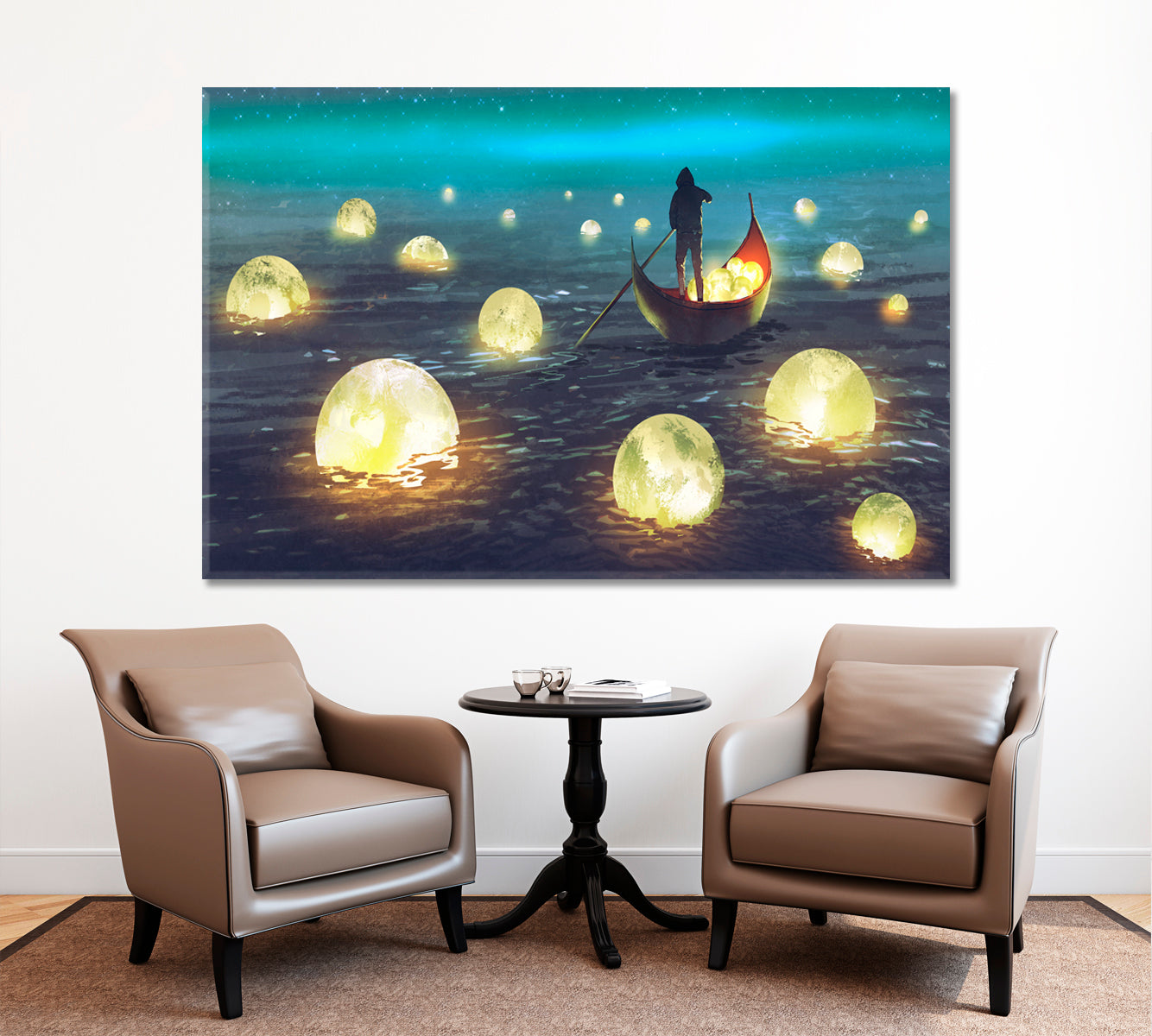 SURREAL Night Scenery Man Rowing Boat Glowing Moons Floating Sea Surreal Fantasy Large Art Print Décor Artesty   