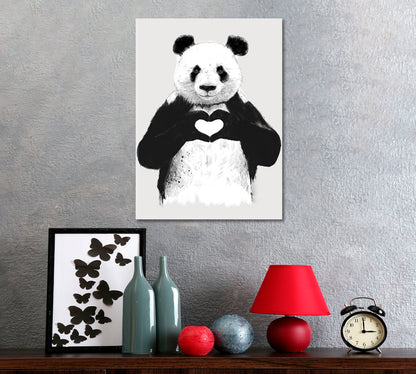 Black and White Panda With Hands Heart Office Wall Art Canvas Print Artesty   