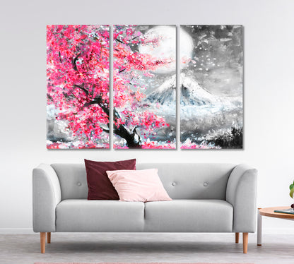 Landscape With Sakura And Mountain Asian Style Canvas Print Wall Art Artesty 3 panels 36" x 24" 