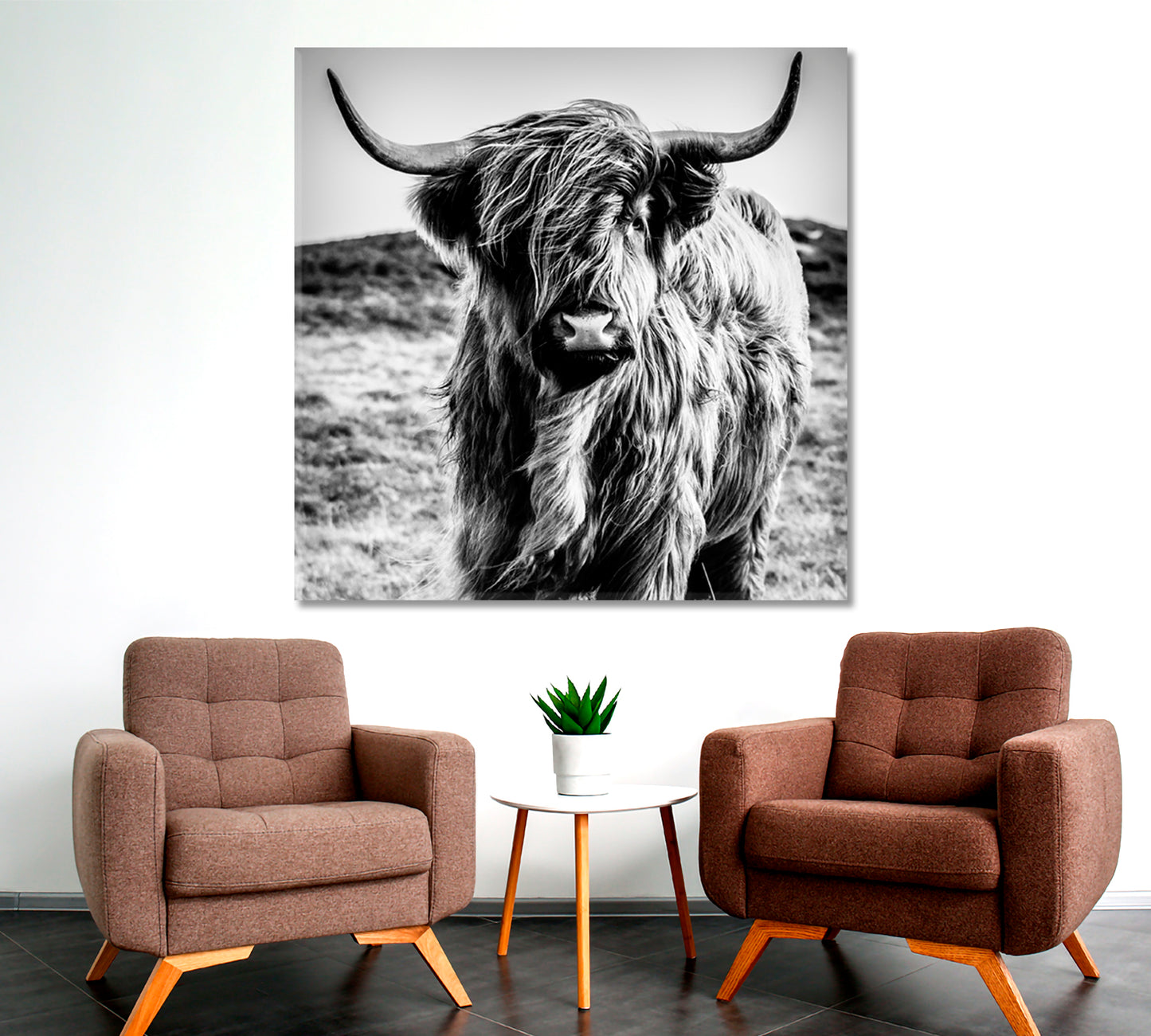 Black and White Cattle Shaggy Highland Cow Animals Canvas Print Artesty   