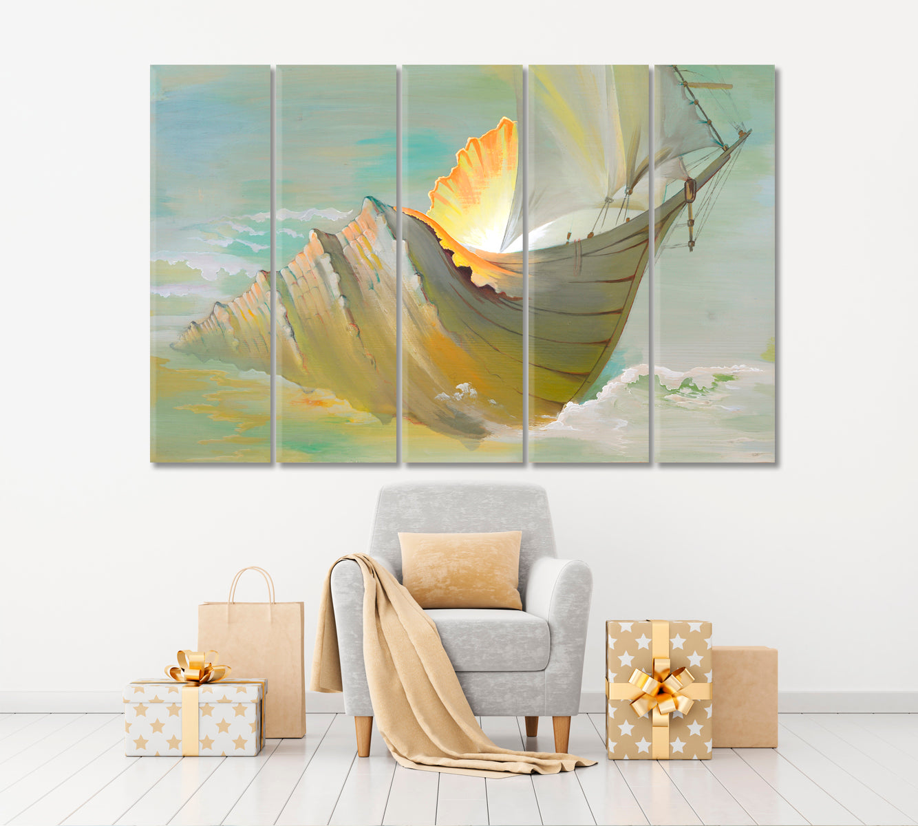 EVOLUTION Artistic Seashell Fantastic Ship Contemporary Art Artesty 5 panels 36" x 24" 