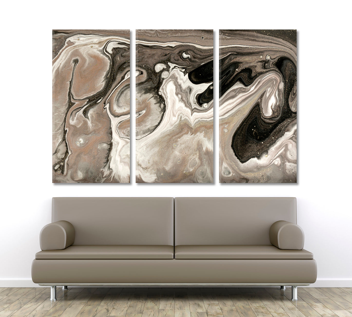 Brown Pearlescent Сream Gold Fluid Art, Oriental Marbling Canvas Print Artesty 3 panels 36" x 24" 