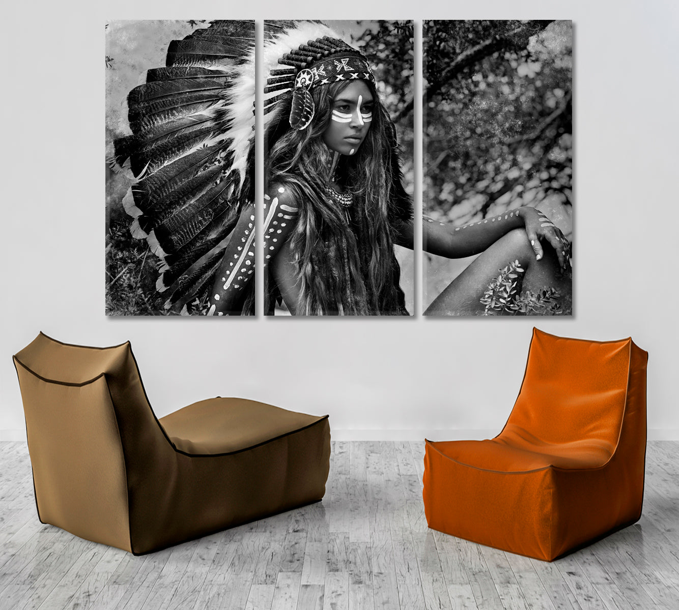 CHIEFTAIN Attractive Indian Woman Black And White Portrait Photo Art Artesty 3 panels 36" x 24" 