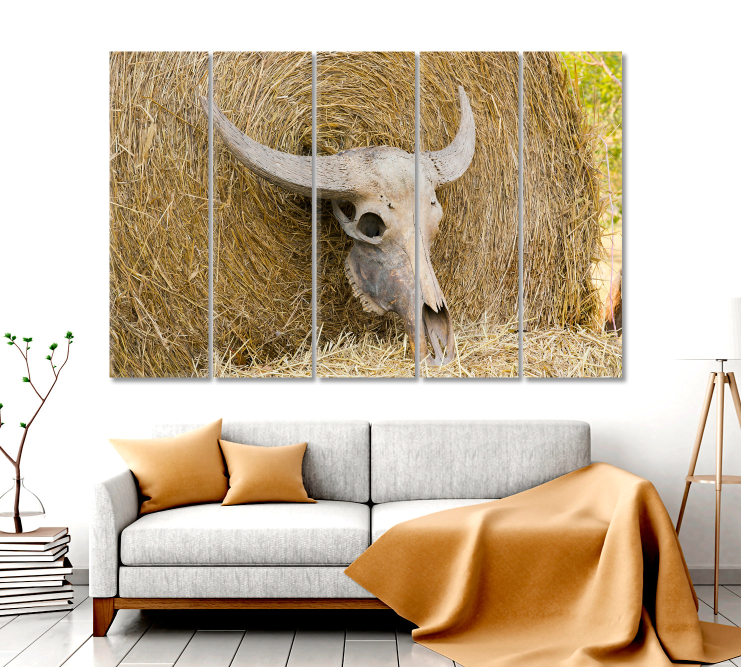 Cattle Cow Skull On Straw Animals Canvas Print Artesty 5 panels 36" x 24" 