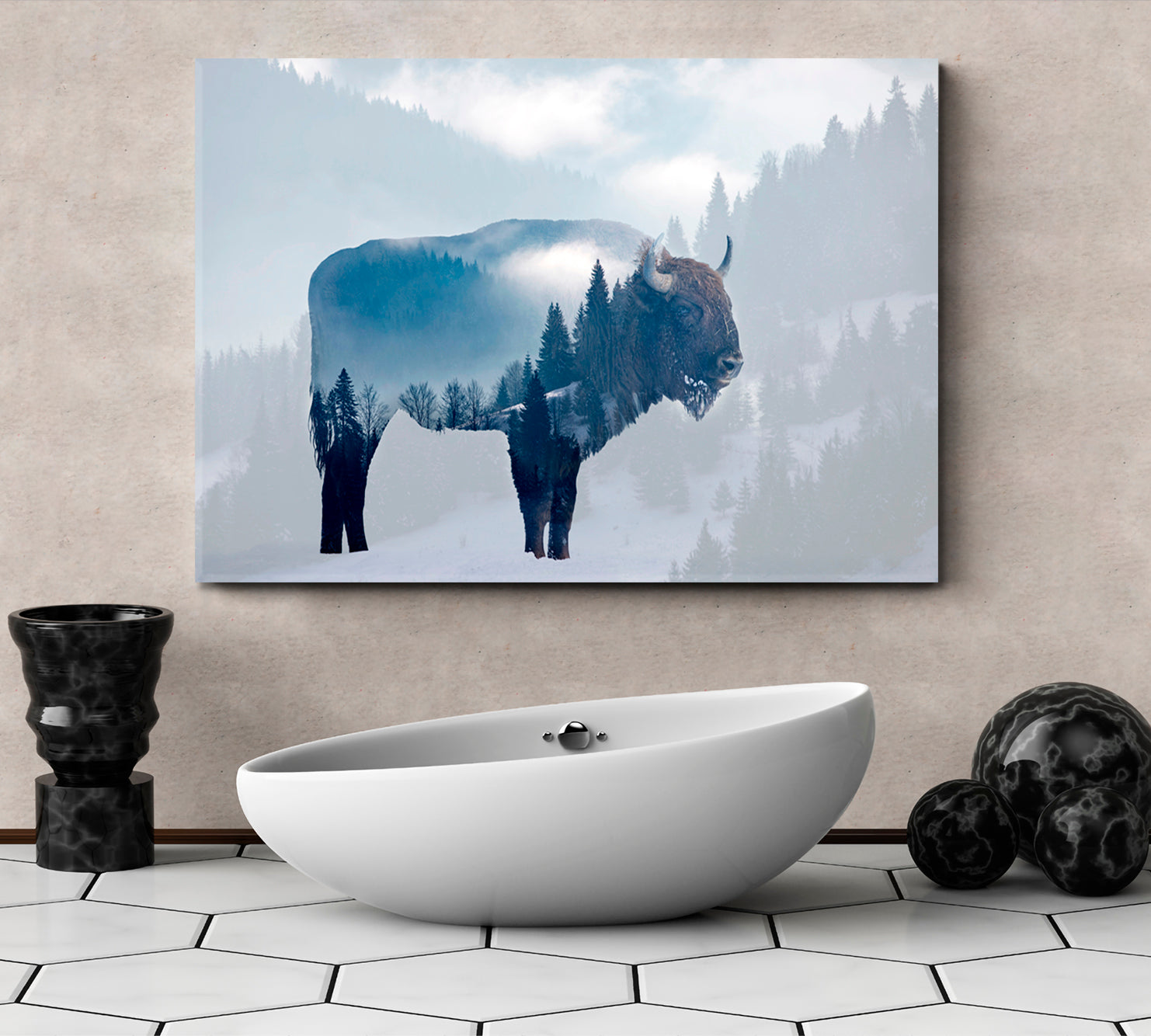 DOUBLE EXPOSURE Wild Bison Buffalo Foggy Pine Forest Wild Life Framed Art Artesty   