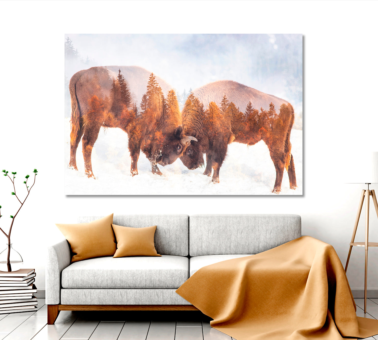 Double Exposure Two Wild Bison Fighting And Pine Trees Wild Life Framed Art Artesty   