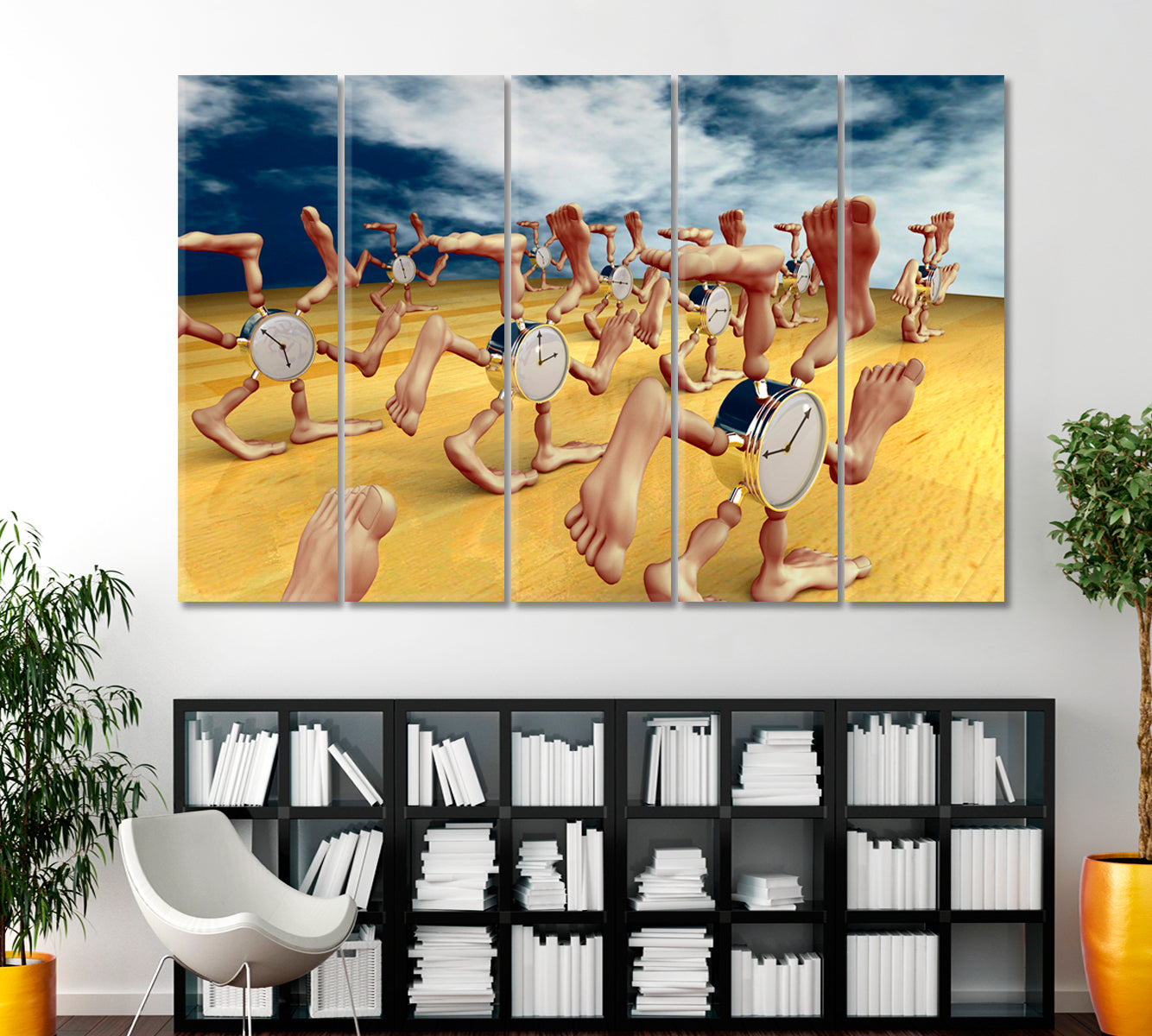 THE TIME HAS COME Inspirid by Dali Running Сlocks with Lots of Legs Surreal Fantasy Large Art Print Décor Artesty 5 panels 36" x 24" 
