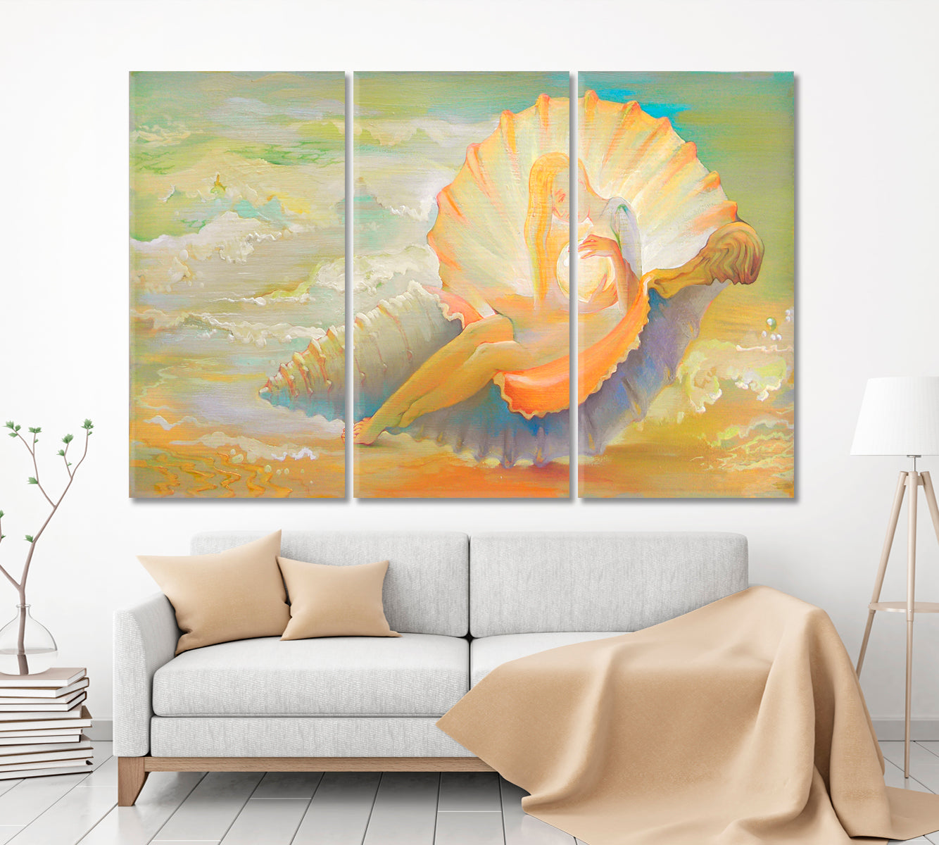Princess of Seashell Artistic Fantastic Soft Colors Contemporary Art Artesty 3 panels 36" x 24" 