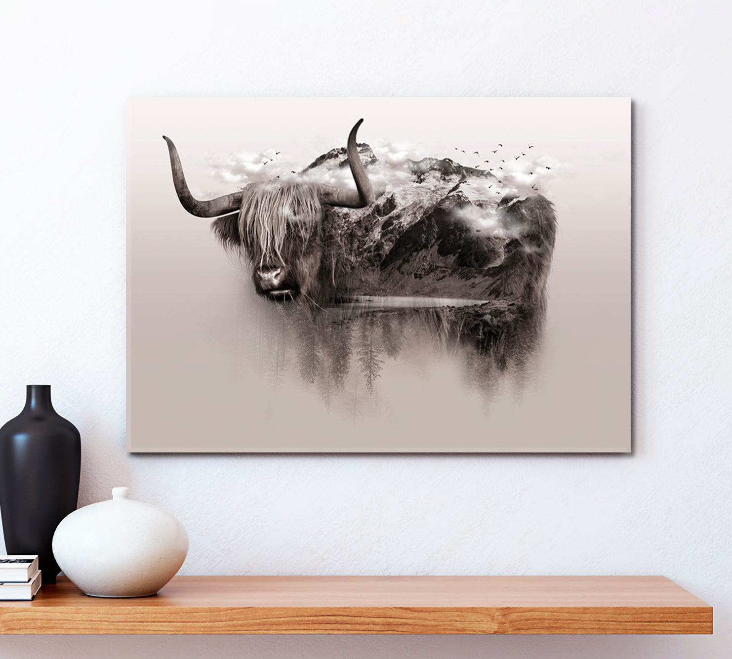 Bull Yak Wildlife Art Double Exposure Trees Mountain Surrounded By Fog Wild Life Framed Art Artesty   