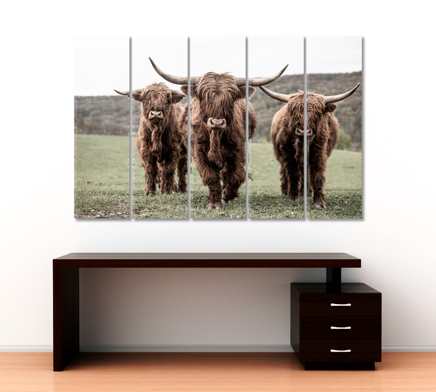 Three Scottish Highlander On A Meadow Animals Canvas Print Artesty 5 panels 36" x 24" 